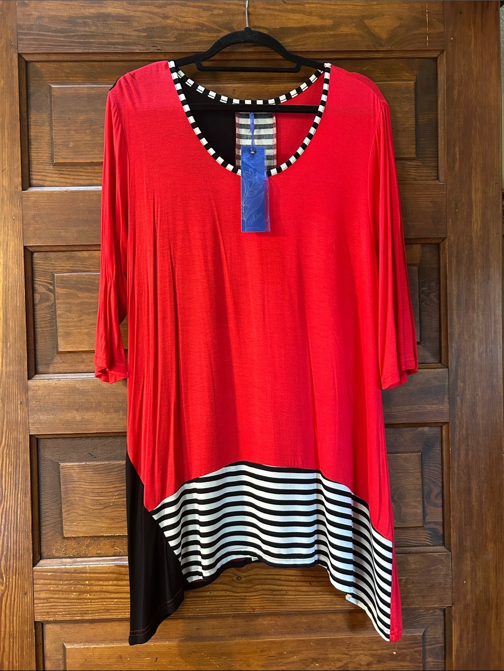 Red Scoop-Neck Tunic with Black & White Stripe Hem